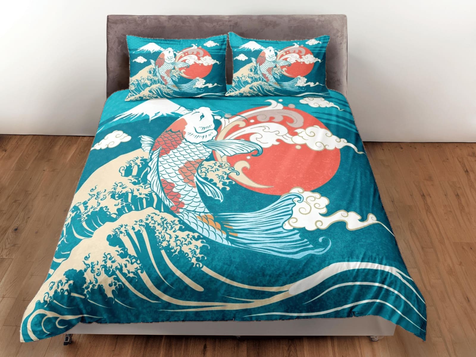 Oriental blue green bedding, koi fish in big ocean waves on japanese duvet cover set for king, queen, full, twin, single b…