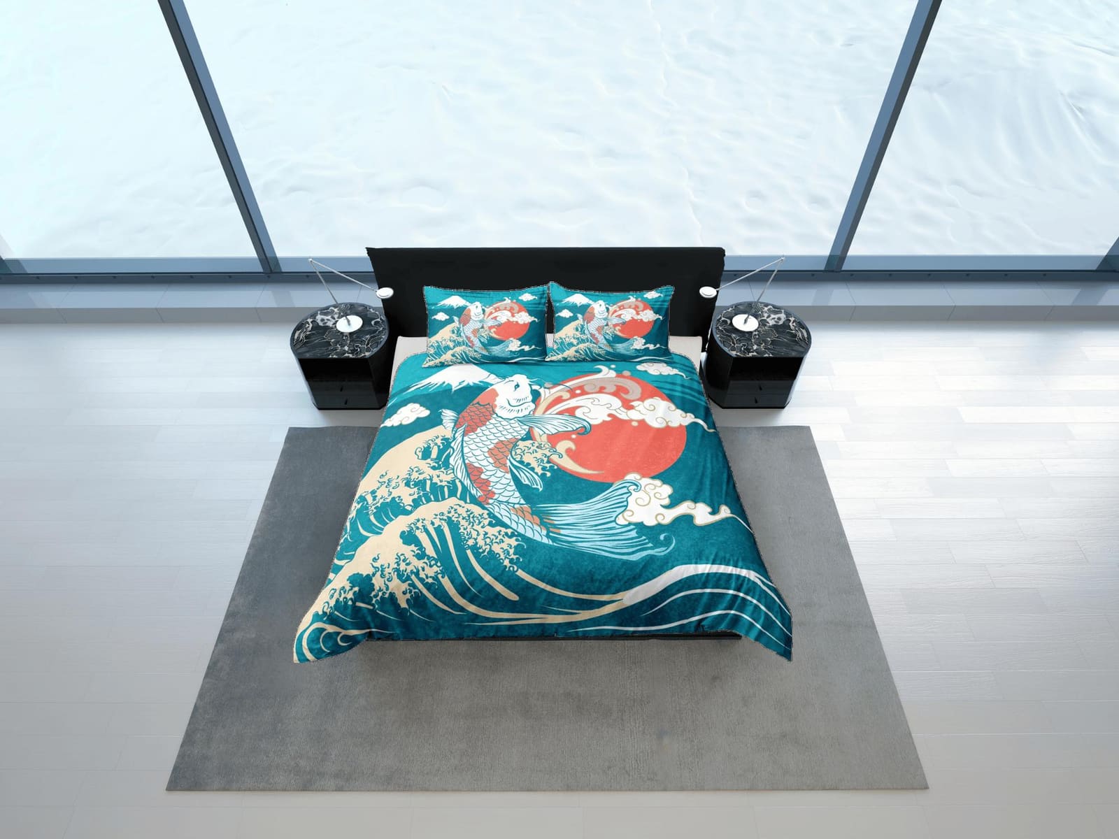 Oriental blue green bedding, koi fish in big ocean waves on japanese duvet cover set for king, queen, full, twin, single b…
