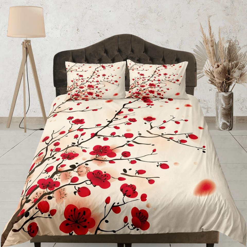 Oriental cherry blossom beige bedding floral prints duvet cover queen, king, boho bedding designer bedspread full size bed…