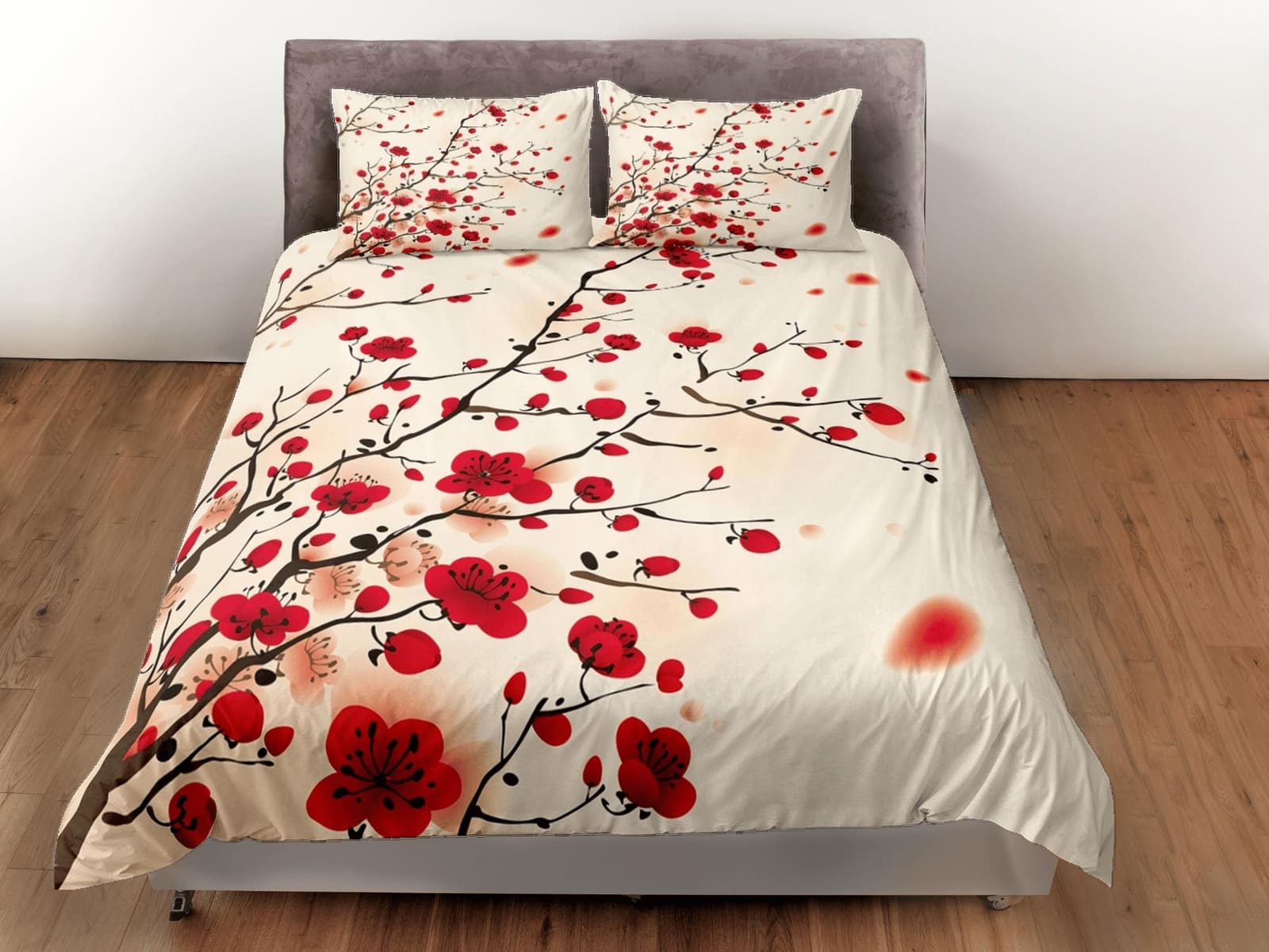 Oriental cherry blossom beige bedding floral prints duvet cover queen, king, boho bedding designer bedspread full size bed…