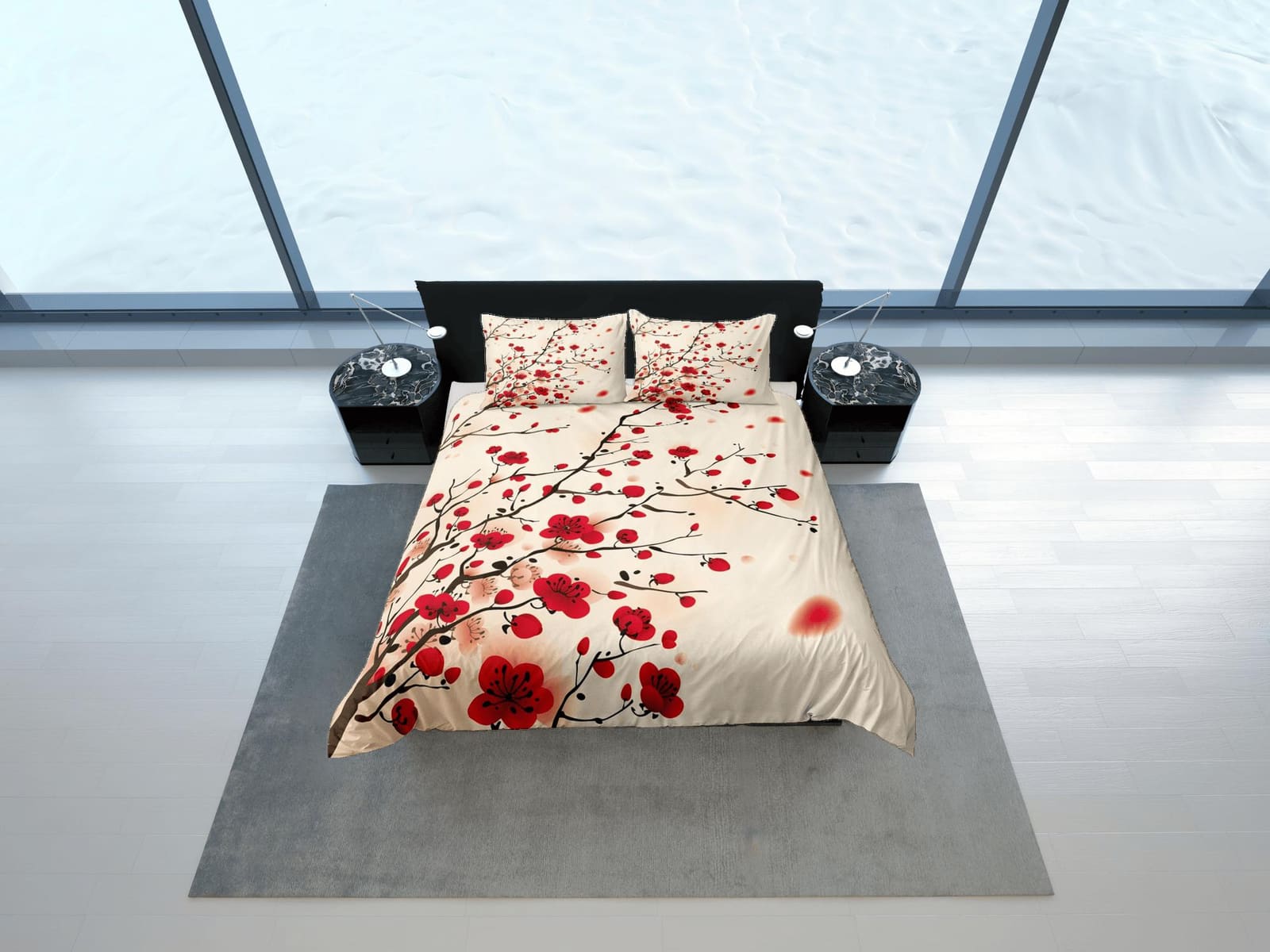 Oriental cherry blossom beige bedding floral prints duvet cover queen, king, boho bedding designer bedspread full size bed…