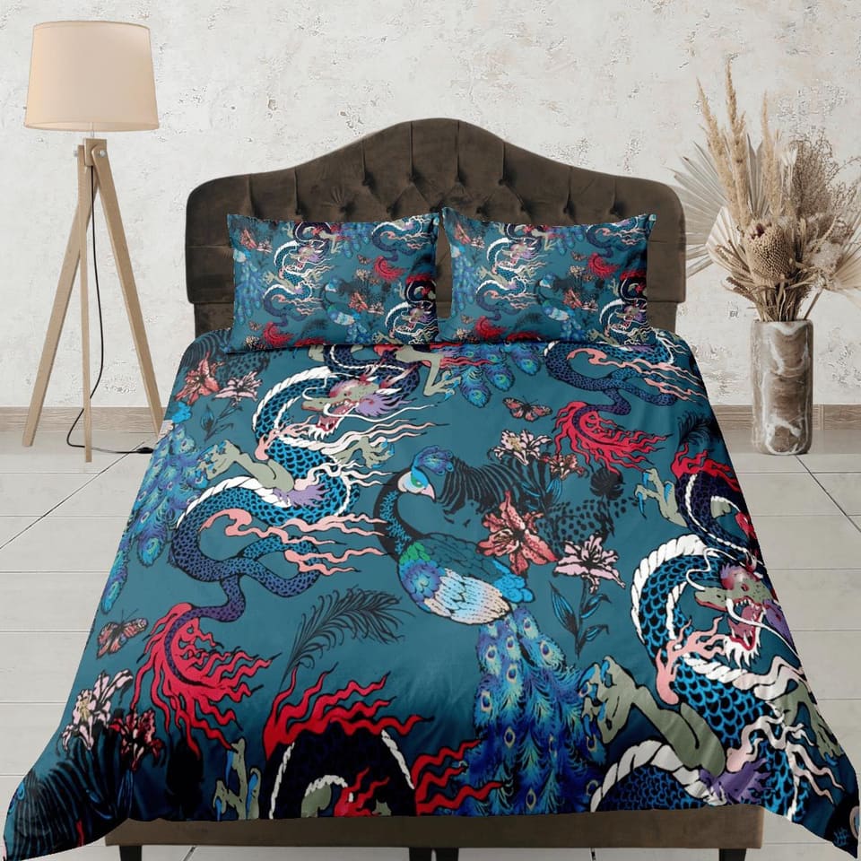 Oriental dragon and peacock festival teal green bedding, asian mythical creatures, japanese duvet cover set for king, quee…