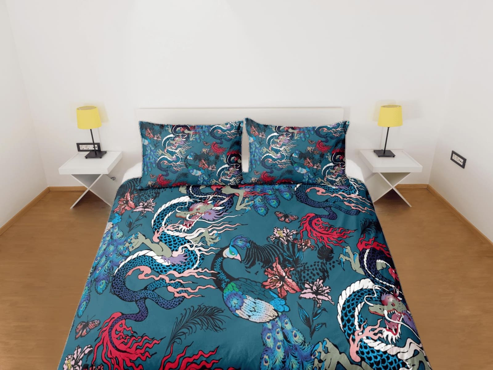 Oriental dragon and peacock festival teal green bedding, asian mythical creatures, japanese duvet cover set for king, quee…