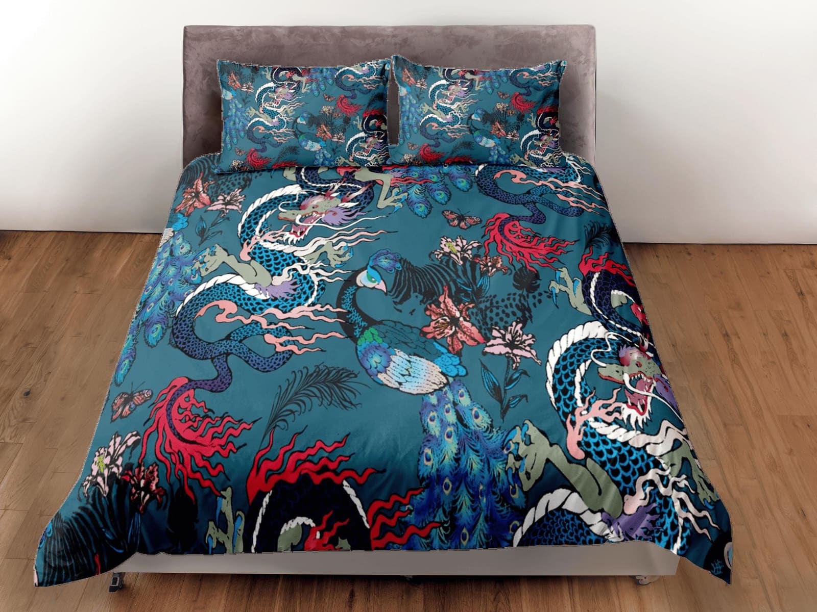 Oriental dragon and peacock festival teal green bedding, asian mythical creatures, japanese duvet cover set for king, quee…