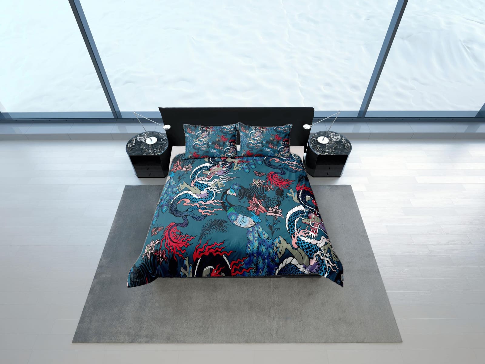 Oriental dragon and peacock festival teal green bedding, asian mythical creatures, japanese duvet cover set for king, quee…