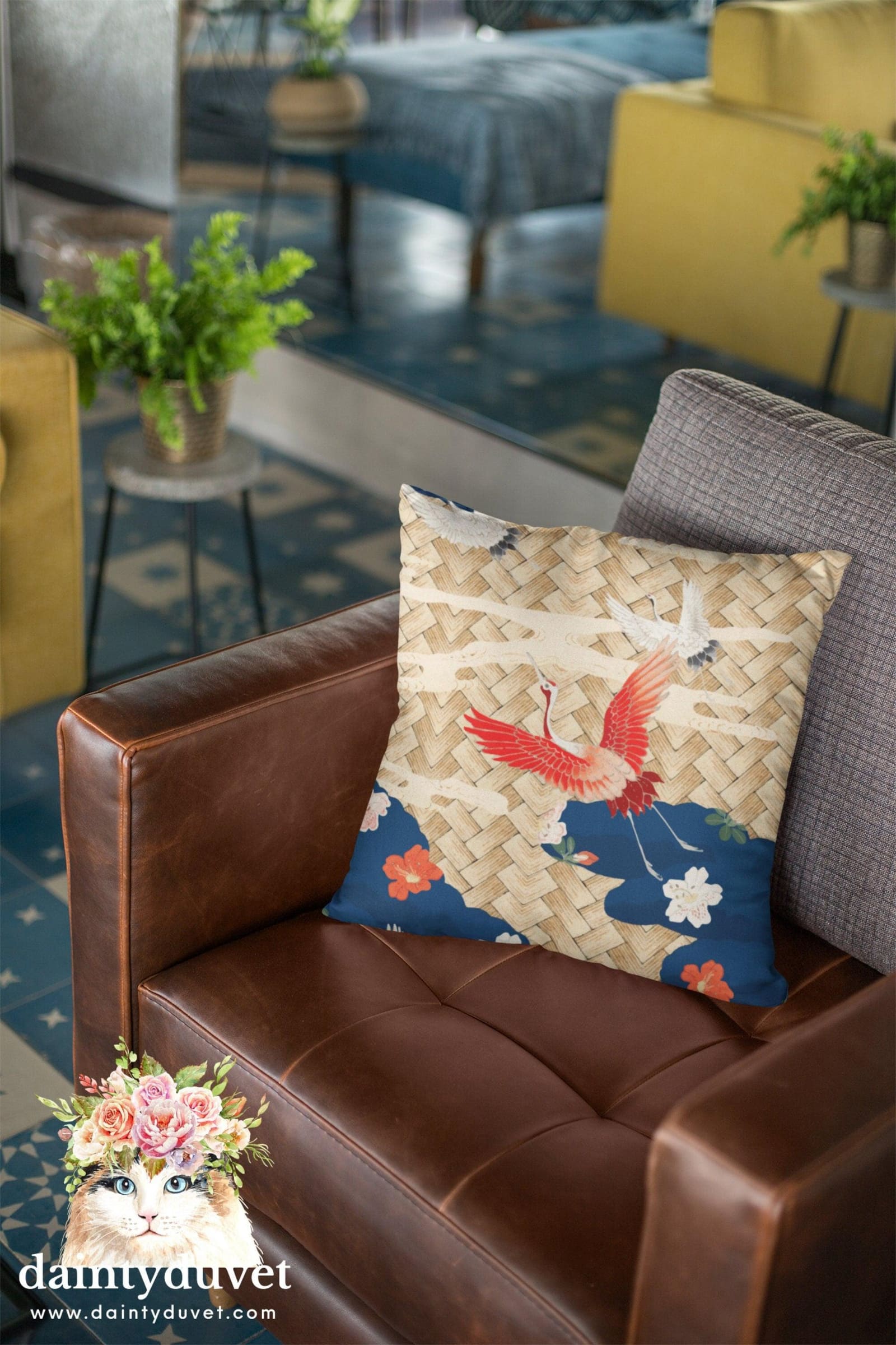 Oriental Pillowcase with Crane Bird, Chair Cushion Cover, Square Pillow Cover for Coach, Bedroom or Sofa, Japanese Decor F…