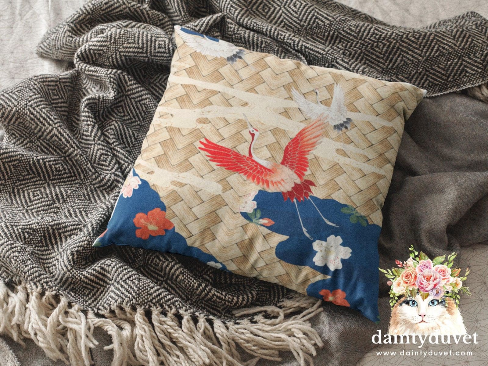 Oriental Pillowcase with Crane Bird, Chair Cushion Cover, Square Pillow Cover for Coach, Bedroom or Sofa, Japanese Decor F…