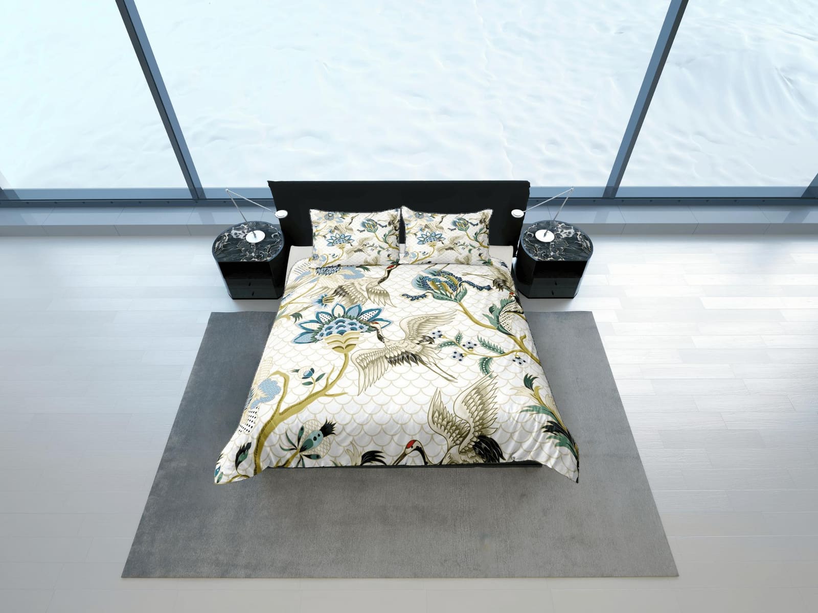 Oriental White Duvet Cover Set Japanese Bedding Kimono Design Crane Bird Floral Pattern Duvet Pillowcase Set