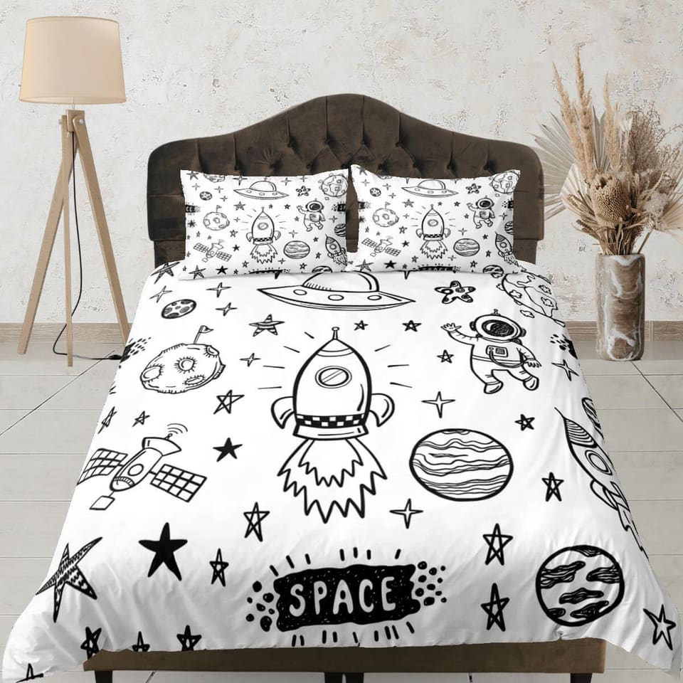 Outer space doodle duvet cover set for kids, galaxy bedding set full, king, queen, astronomy science dorm bedding, toddler…
