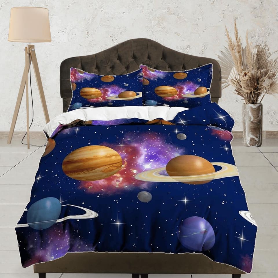 Outer space planets bedding, galaxy bedding set full, cosmic duvet cover king, queen, dorm bedding, toddler bedding aesthe…
