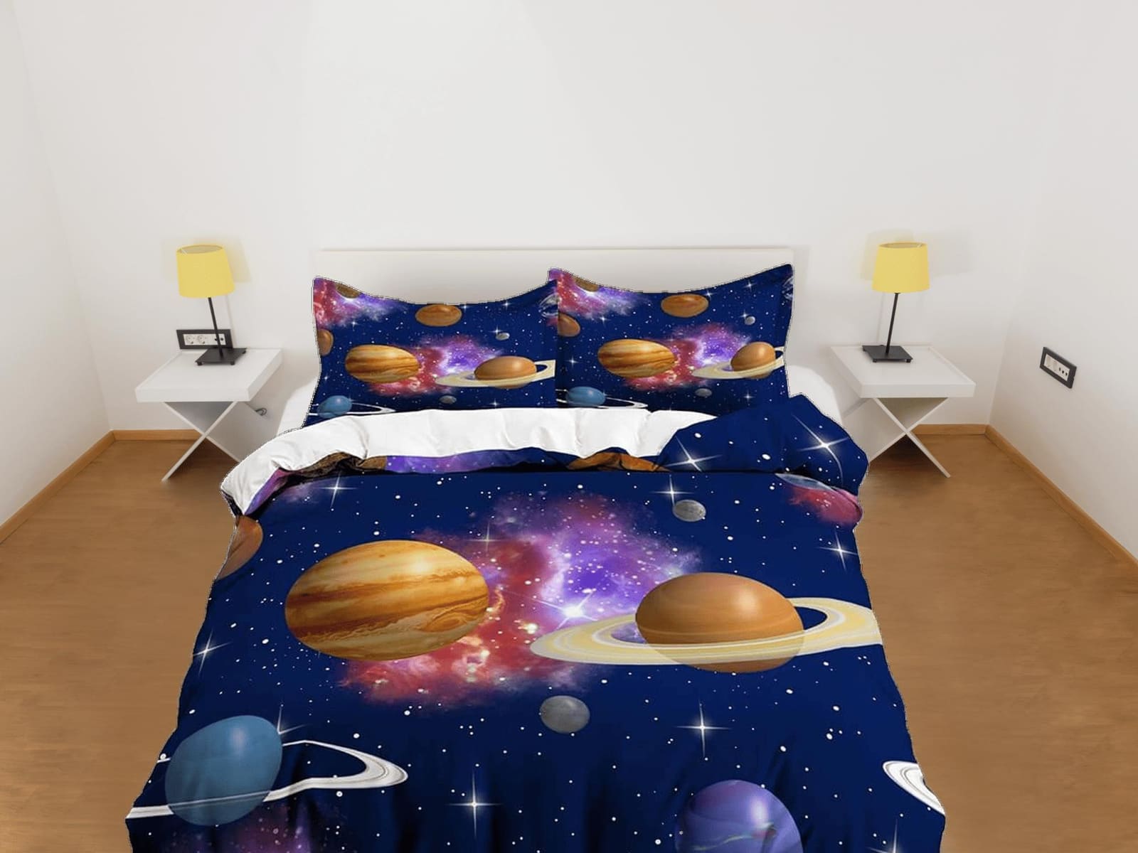 Outer space planets bedding, galaxy bedding set full, cosmic duvet cover king, queen, dorm bedding, toddler bedding aesthe…