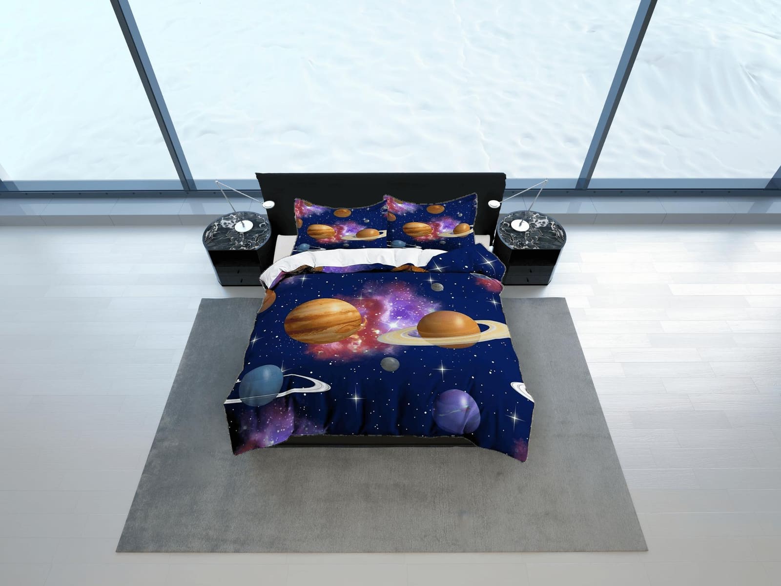 Outer space planets bedding, galaxy bedding set full, cosmic duvet cover king, queen, dorm bedding, toddler bedding aesthe…