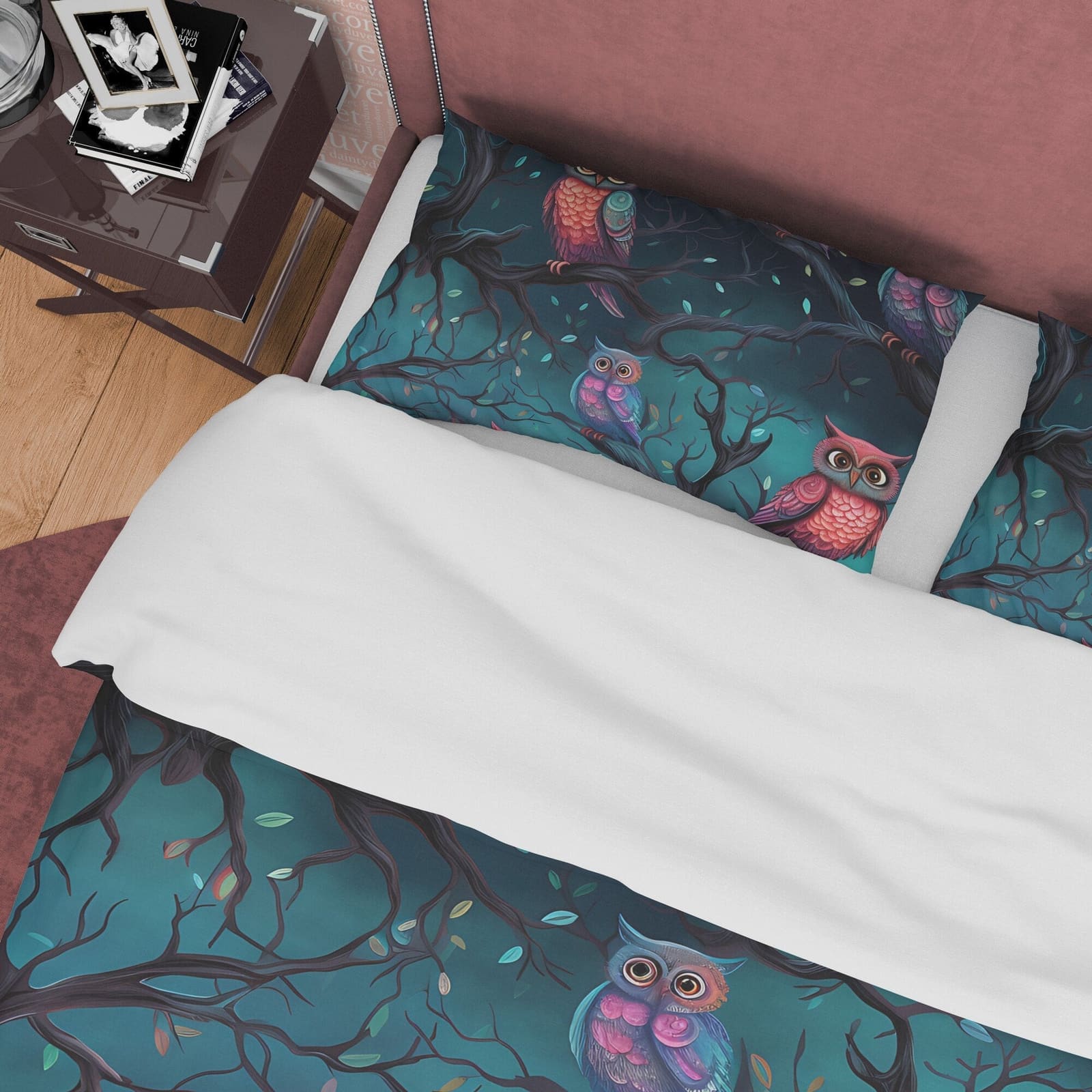Owl On A Tree Branch Duvet Cover Set, Spooky Night Aesthetic Zipper Bedding, Halloween Room Decor, Green Midnight Scary Pr…