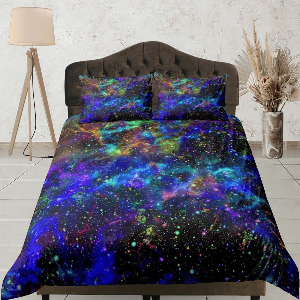 Paint splatter galaxy bedding, outer space bedding set full, cosmic duvet cover king, queen, dorm bedding, toddler bedding…
