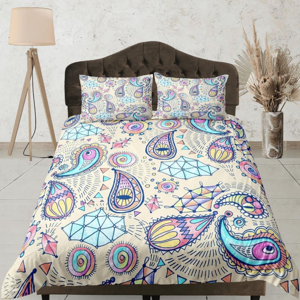 Paisley duvet cover set in pastel colors, aesthetic room decor bedding set full, king, queen size, abstract boho bedspread…
