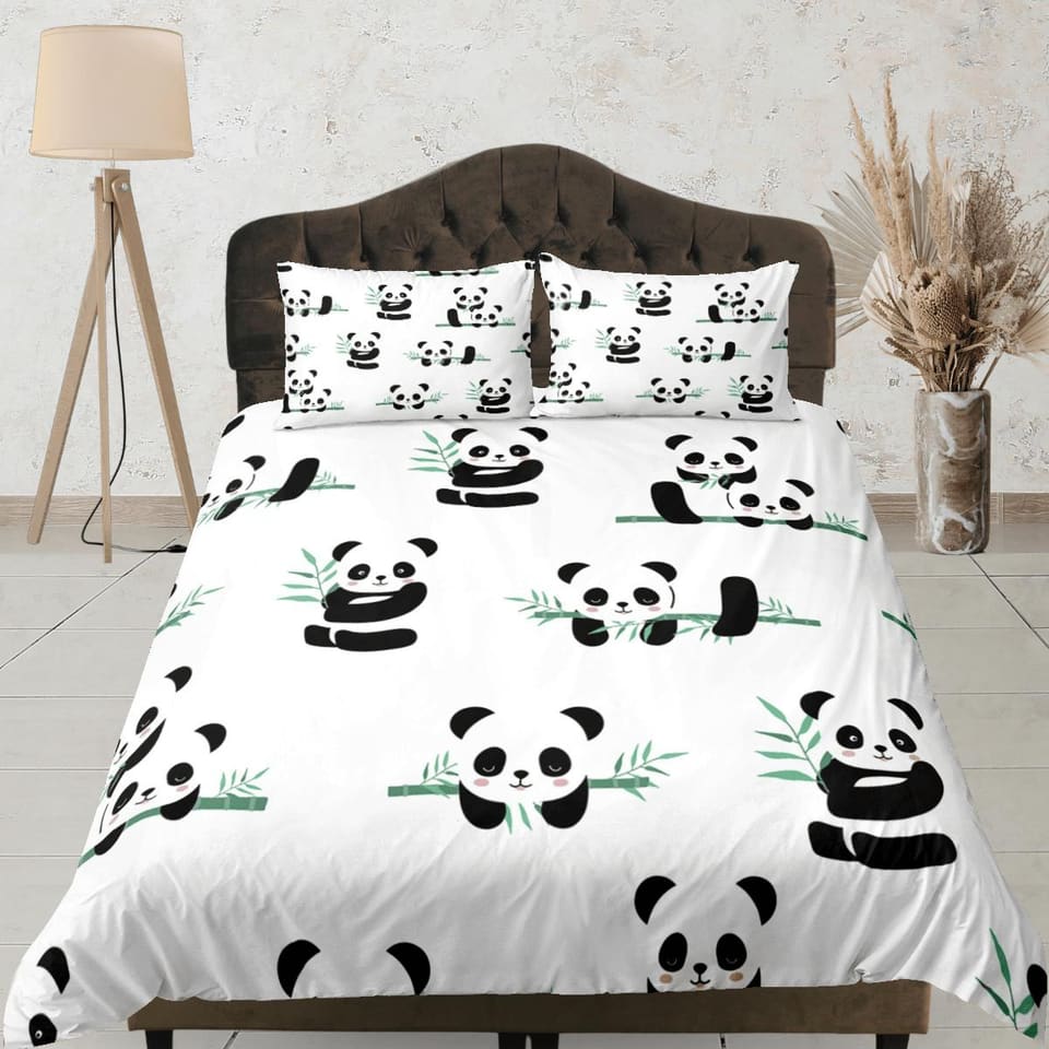 Panda and bamboo duvet cover kids, bedding set full, king, queen, dorm bedding, toddler bedding, aesthetic bedspread, pand…