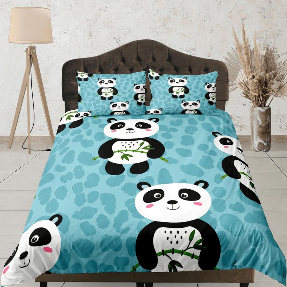 Panda and bamboo teal green duvet cover for kids, bedding set full, king, queen, dorm bedding, toddler bedding, aesthetic…
