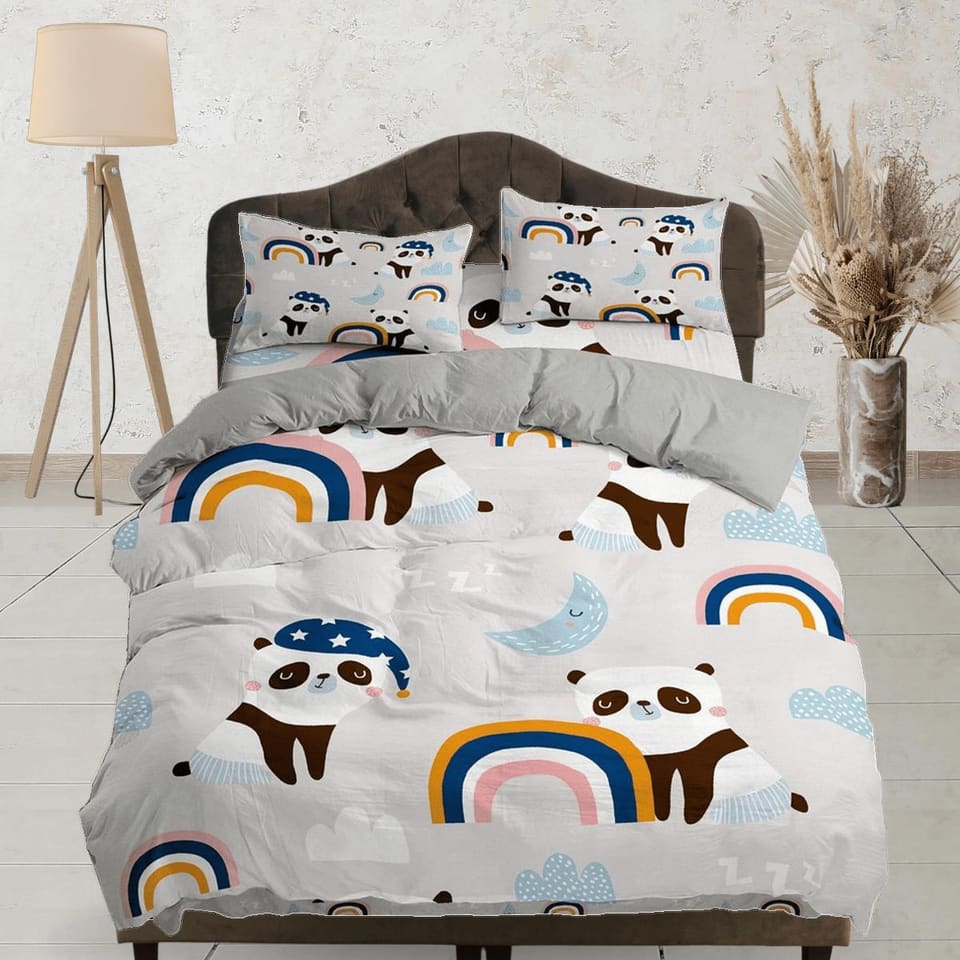 Panda boho rainbow duvet cover kids, bedding set full, king, queen, dorm bedding, toddler bedding, aesthetic bedspread, pa…