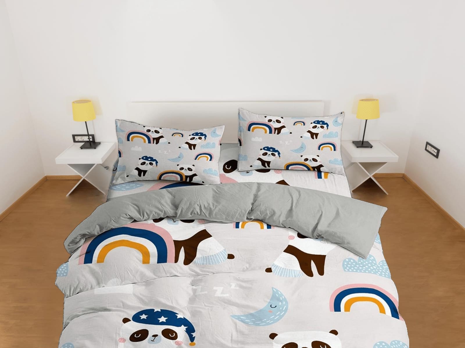 Panda boho rainbow duvet cover kids, bedding set full, king, queen, dorm bedding, toddler bedding, aesthetic bedspread, pa…