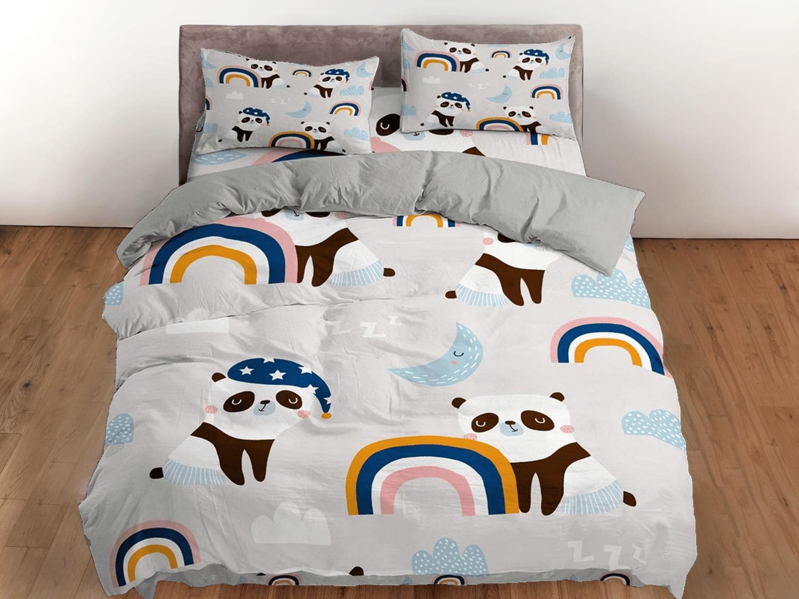 Panda boho rainbow duvet cover kids, bedding set full, king, queen, dorm bedding, toddler bedding, aesthetic bedspread, pa…