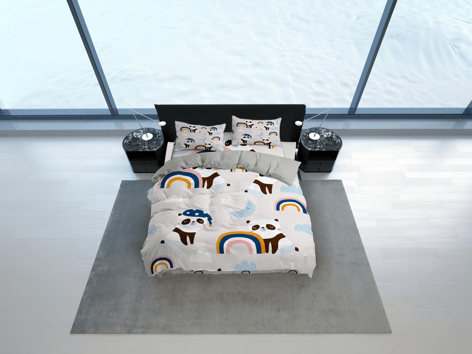 Panda boho rainbow duvet cover kids, bedding set full, king, queen, dorm bedding, toddler bedding, aesthetic bedspread, pa…