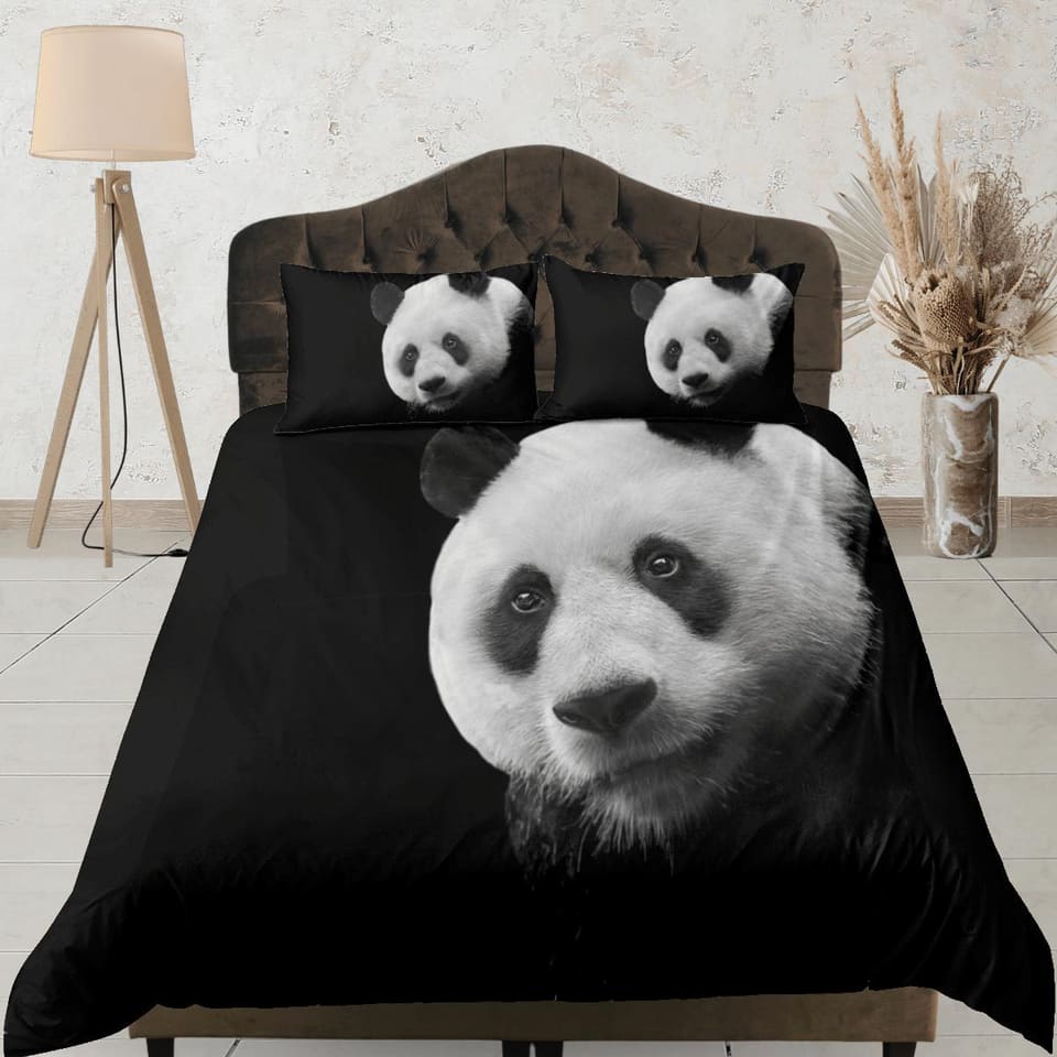 Panda face in black duvet cover set for kids, bedding set full, king, queen, dorm bedding, toddler bedding aesthetic panda…