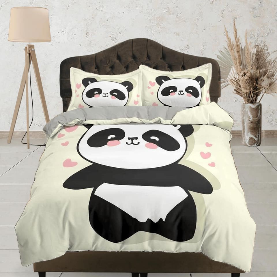 Panda in love duvet cover set for kids, bedding set full, king, queen, dorm bedding, toddler bedding, aesthetic bedspread,…