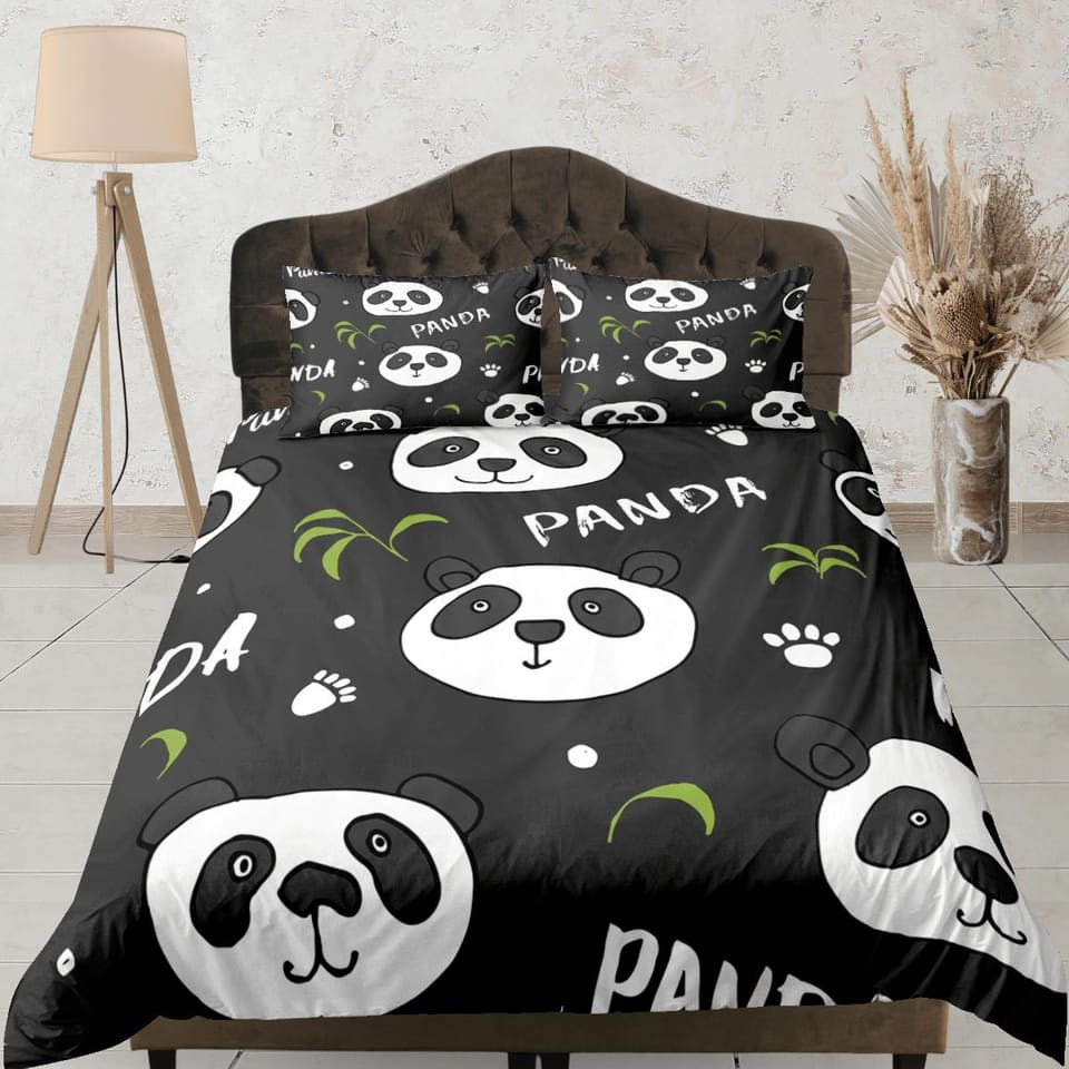 Panda paws black duvet cover for kids, bedding set full, king, queen, dorm bedding, toddler bedding, aesthetic bedspread,…