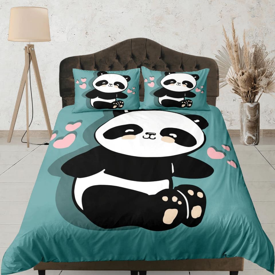 Panda teal green duvet cover set kids, bedding set full, king, queen, dorm bedding, toddler bedding, aesthetic bedspread,…
