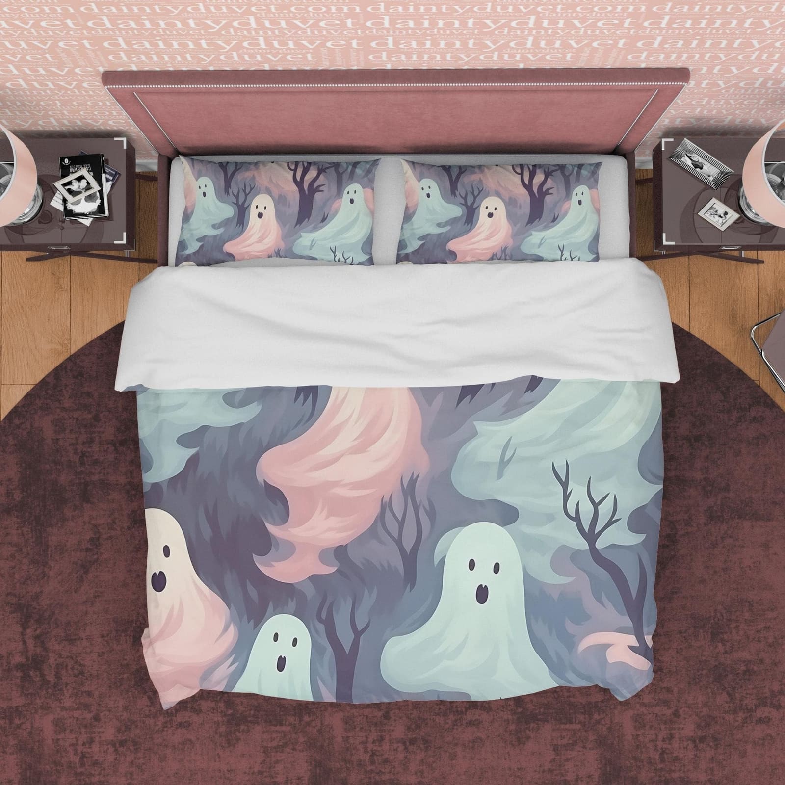 Pastel Colored Ghosts Duvet Cover Set Pillowcase, Quilt Cover Aesthetic Zipper Bedding, Halloween Room Decor, Spooky Beddi…