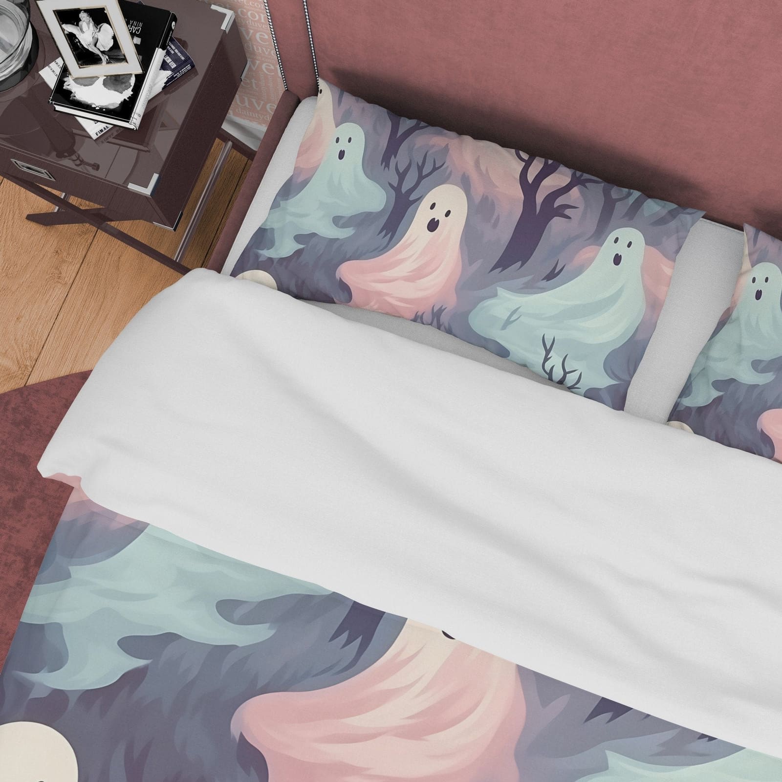 Pastel Colored Ghosts Duvet Cover Set Pillowcase, Quilt Cover Aesthetic Zipper Bedding, Halloween Room Decor, Spooky Beddi…