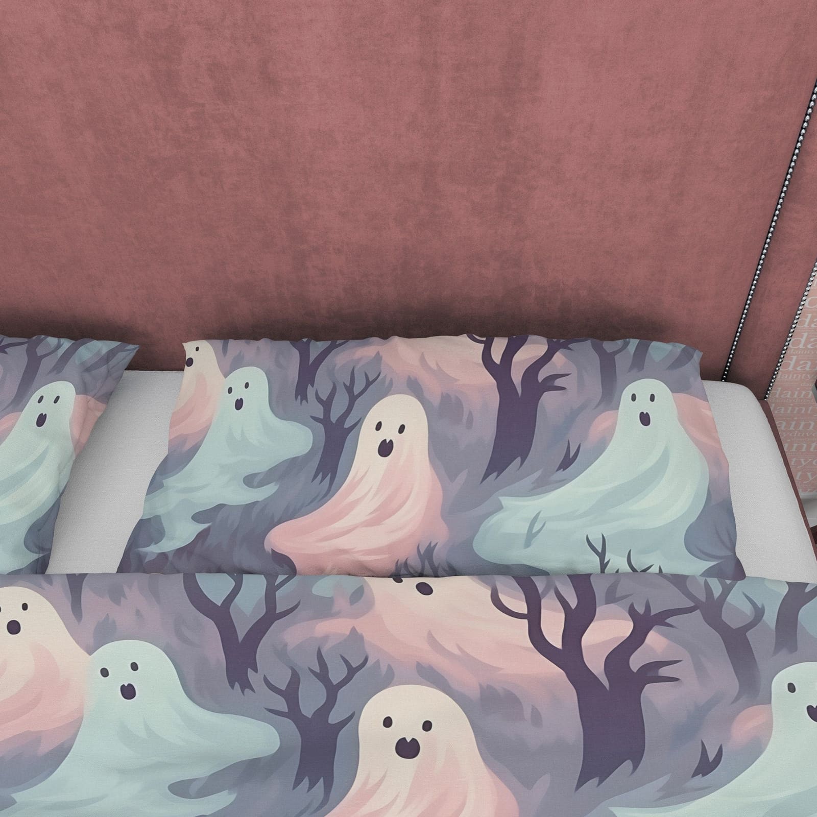 Pastel Colored Ghosts Duvet Cover Set Pillowcase, Quilt Cover Aesthetic Zipper Bedding, Halloween Room Decor, Spooky Beddi…