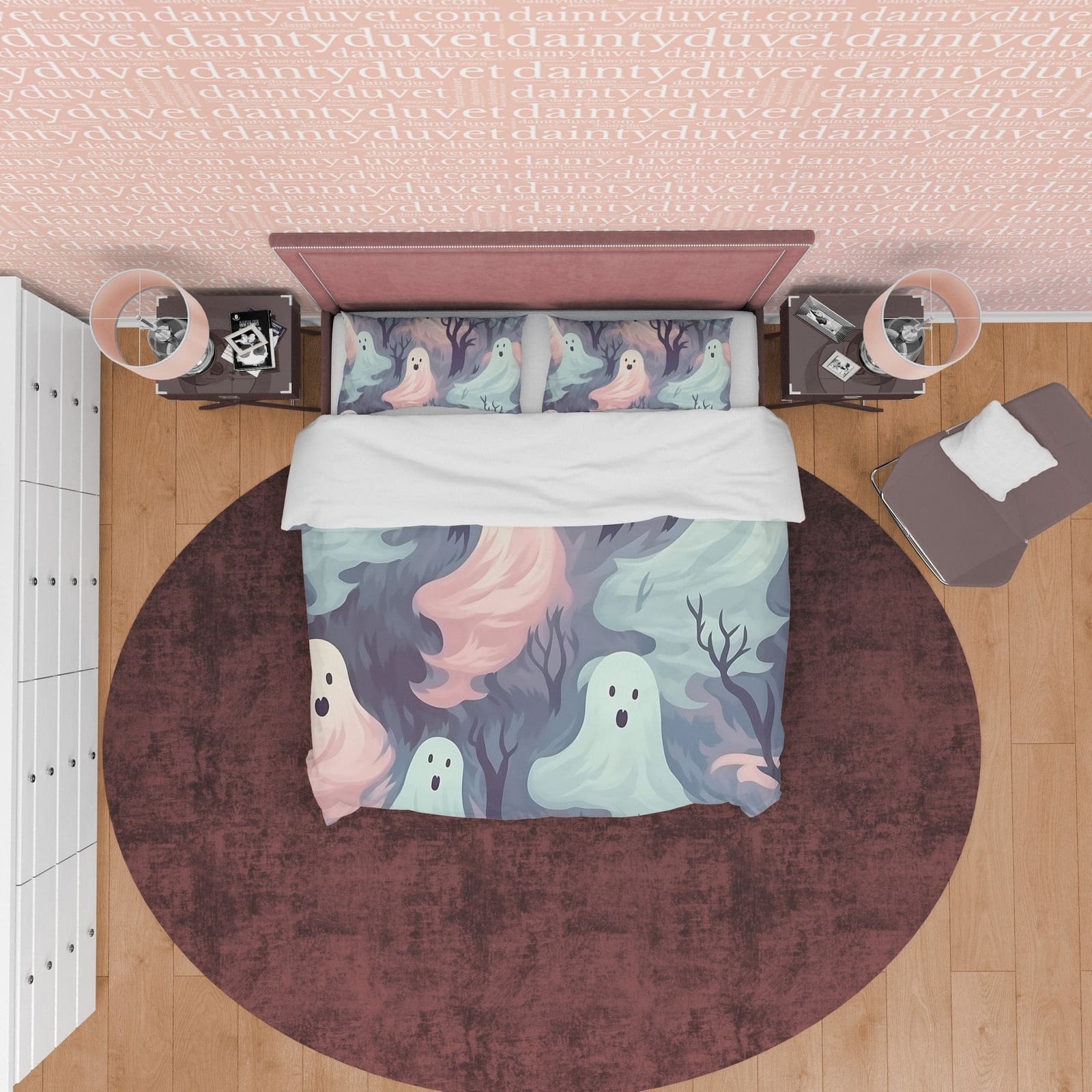 Pastel Colored Ghosts Duvet Cover Set Pillowcase, Quilt Cover Aesthetic Zipper Bedding, Halloween Room Decor, Spooky Beddi…