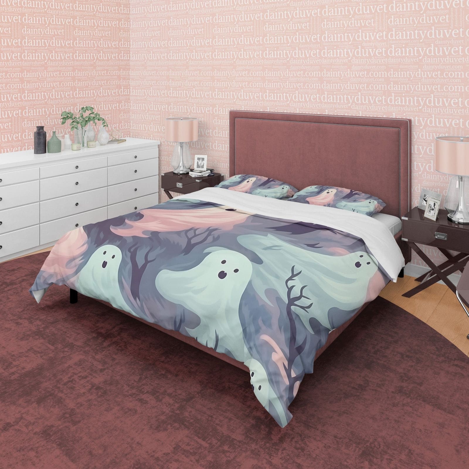 Pastel Colored Ghosts Duvet Cover Set Pillowcase, Quilt Cover Aesthetic Zipper Bedding, Halloween Room Decor, Spooky Beddi…