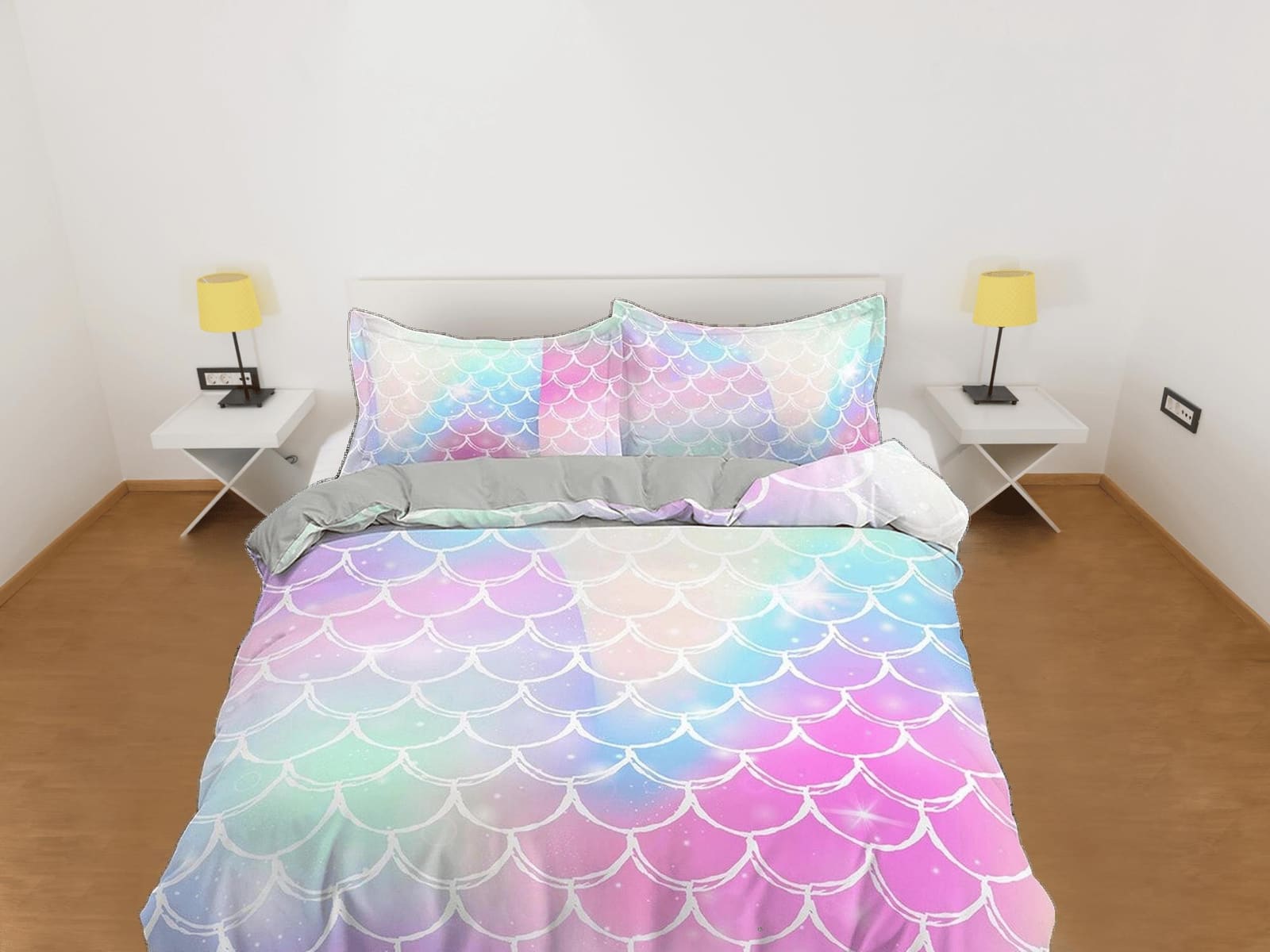 Pastel colored mermaid scales rainbow toddler bedding, duvet cover for nursery kids, crib bedding, baby zipper bedding, ki…