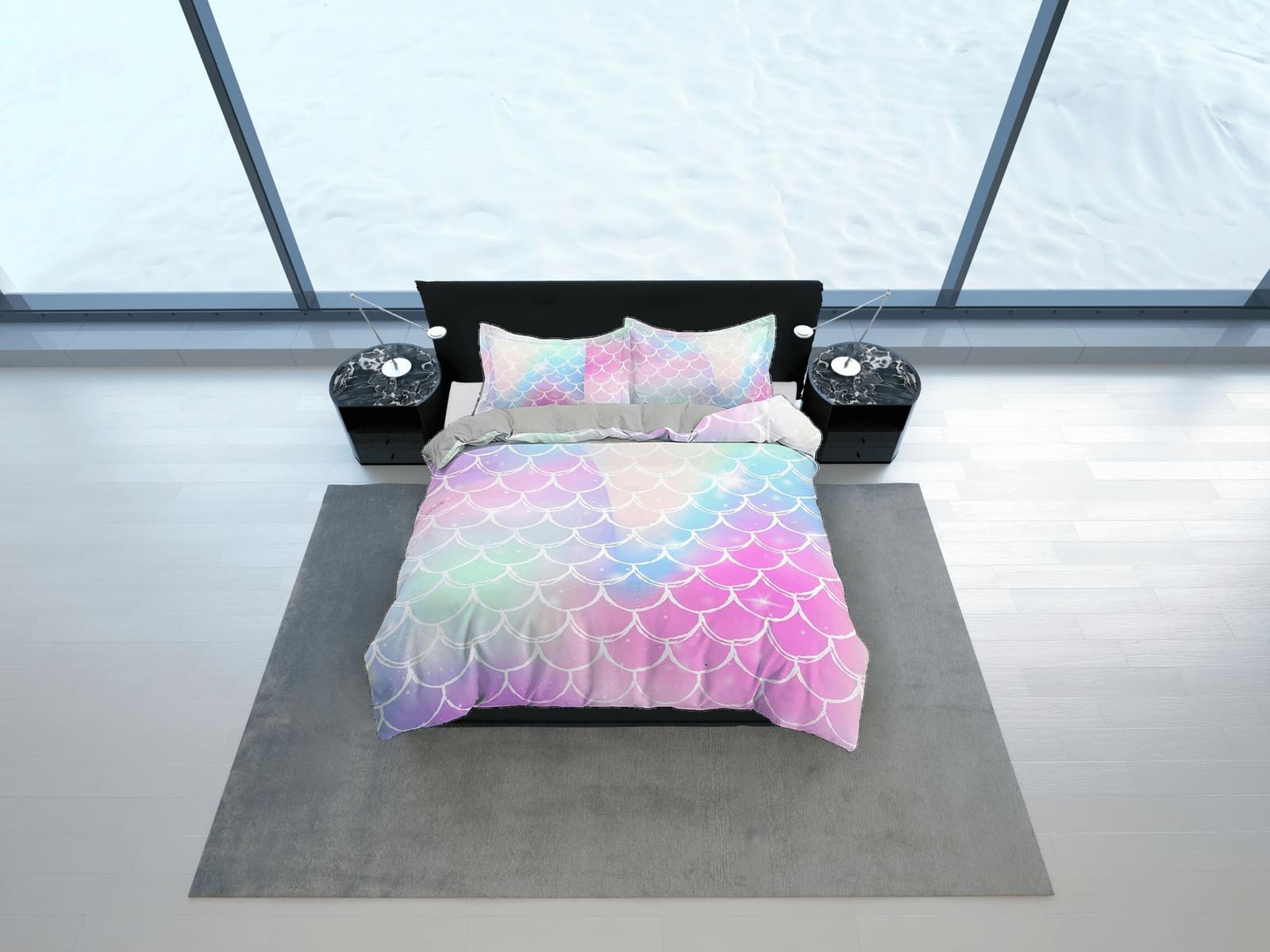 Pastel colored mermaid scales rainbow toddler bedding, duvet cover for nursery kids, crib bedding, baby zipper bedding, ki…
