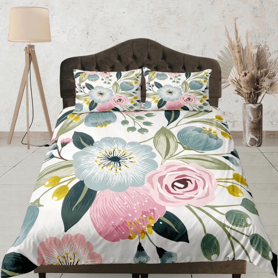 Pastel colors biophilic bedding, floral printed duvet cover queen, king, boho duvet, designer bedding, aesthetic bedding,…