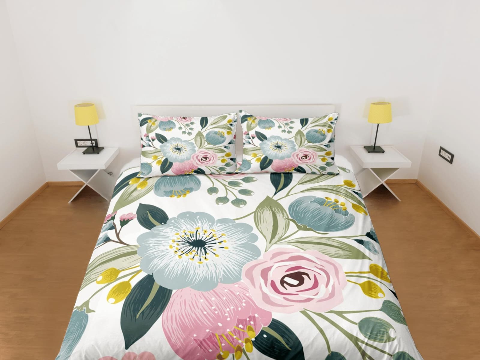 Pastel colors biophilic bedding, floral printed duvet cover queen, king, boho duvet, designer bedding, aesthetic bedding,…