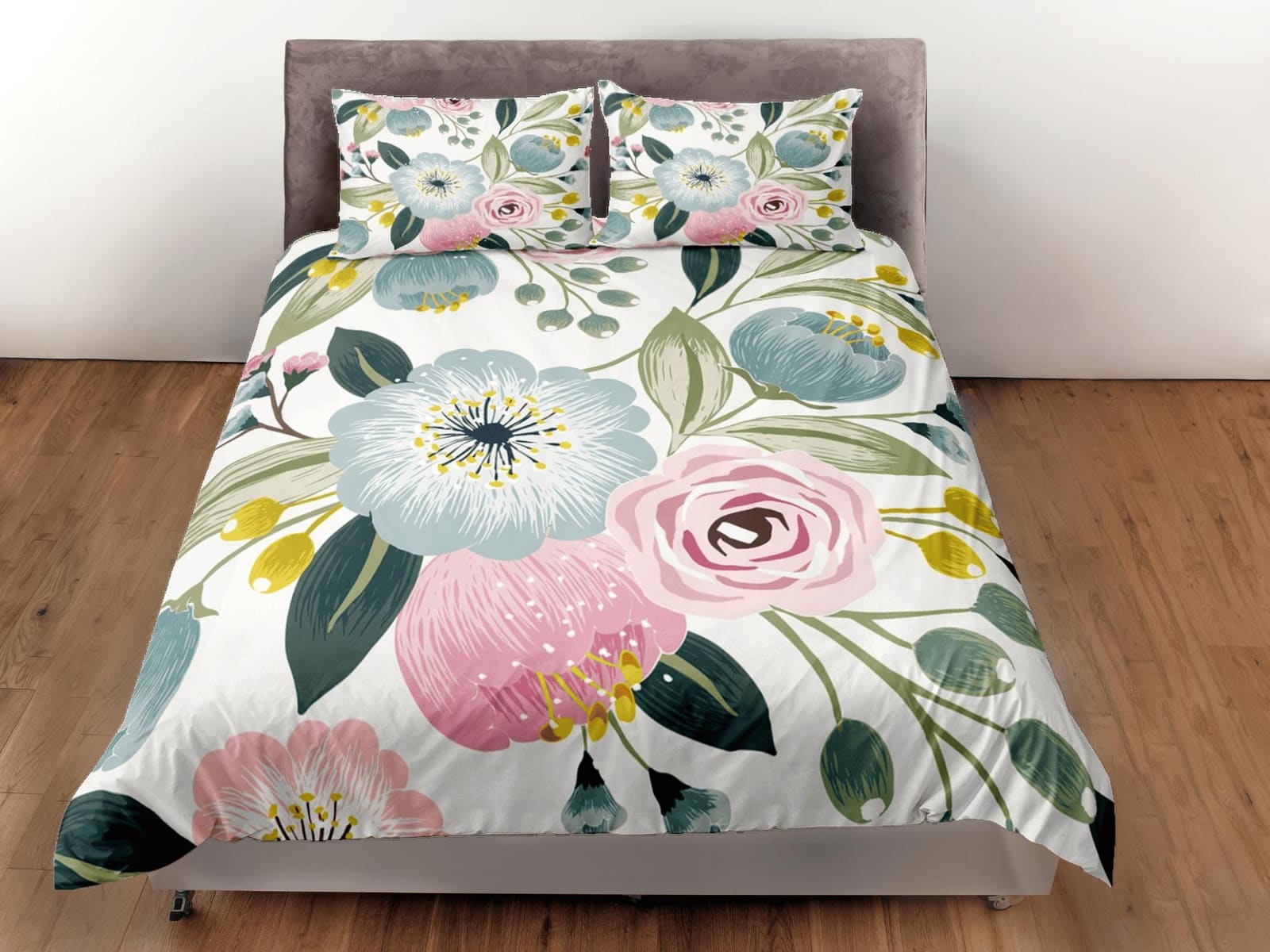 Pastel colors biophilic bedding, floral printed duvet cover queen, king, boho duvet, designer bedding, aesthetic bedding,…