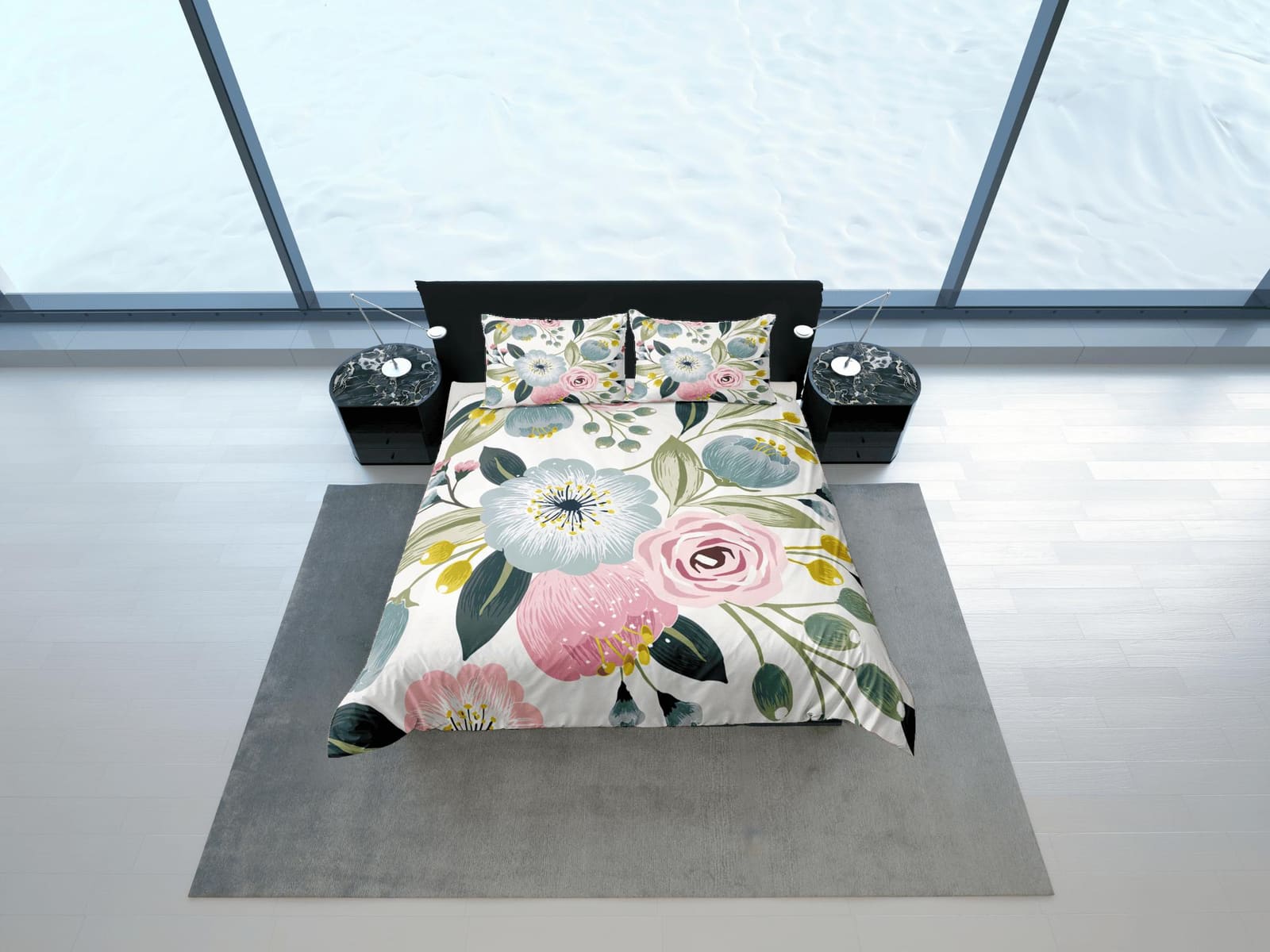 Pastel colors biophilic bedding, floral printed duvet cover queen, king, boho duvet, designer bedding, aesthetic bedding,…