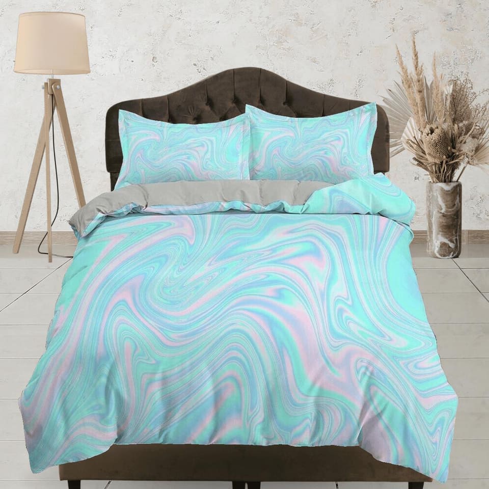 Pastel colors light blue pink aesthetic duvet cover, contemporary marble abstract art room decor boho chic bedding set ful…