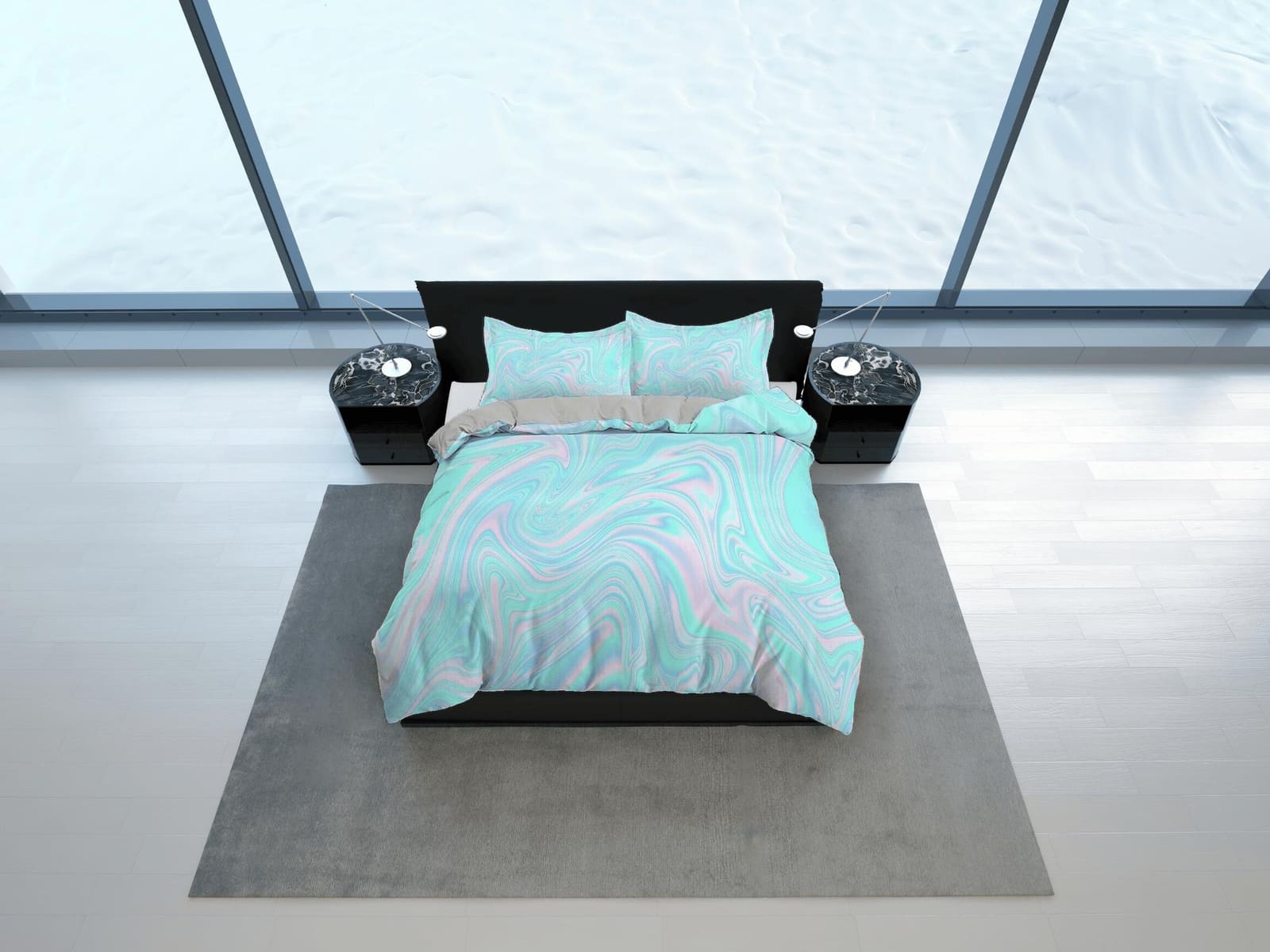 Pastel colors light blue pink aesthetic duvet cover, contemporary marble abstract art room decor boho chic bedding set ful…