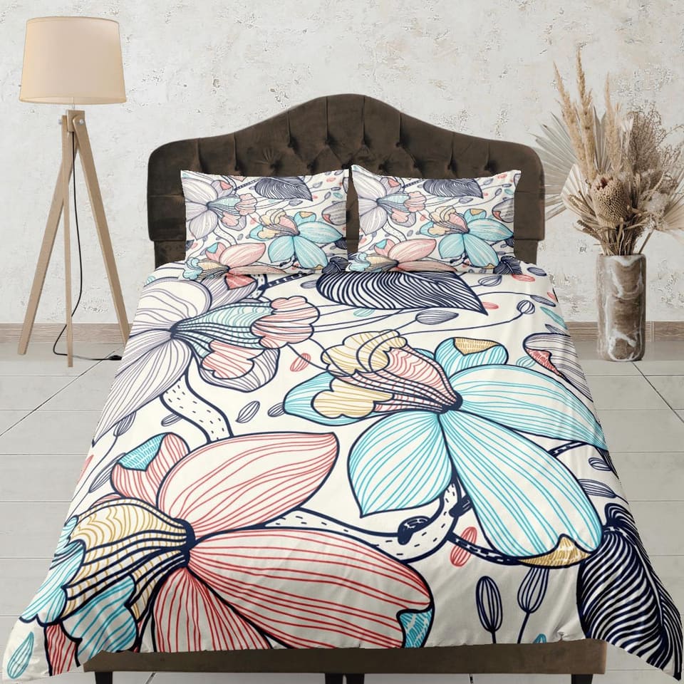 Pastel colors line art floral bedding, luxury duvet cover queen, king, boho duvet, designer bedding, aesthetic full size b…