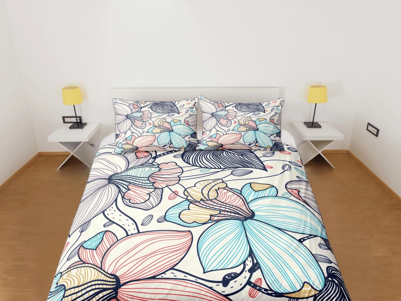 Pastel colors line art floral bedding, luxury duvet cover queen, king, boho duvet, designer bedding, aesthetic full size b…