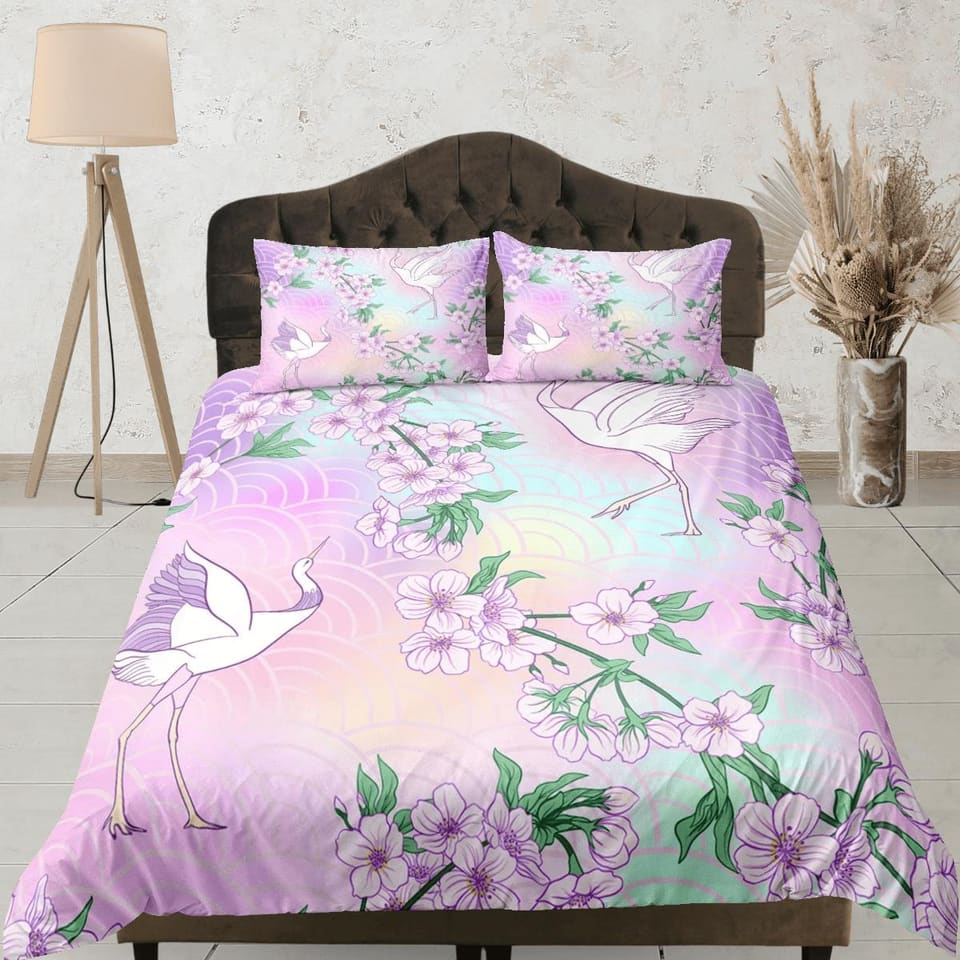 Pastel colors oriental bedding, crane bird and cherry blossoms on japanese duvet cover set for king, queen, full, twin, si…