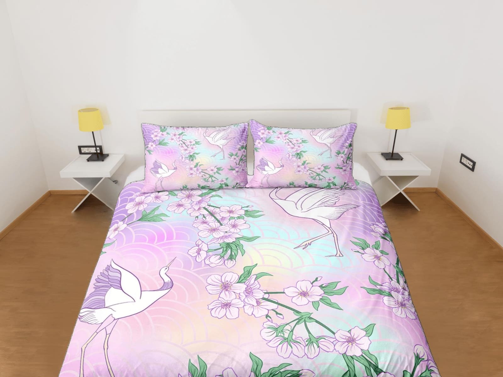 Pastel colors oriental bedding, crane bird and cherry blossoms on japanese duvet cover set for king, queen, full, twin, si…