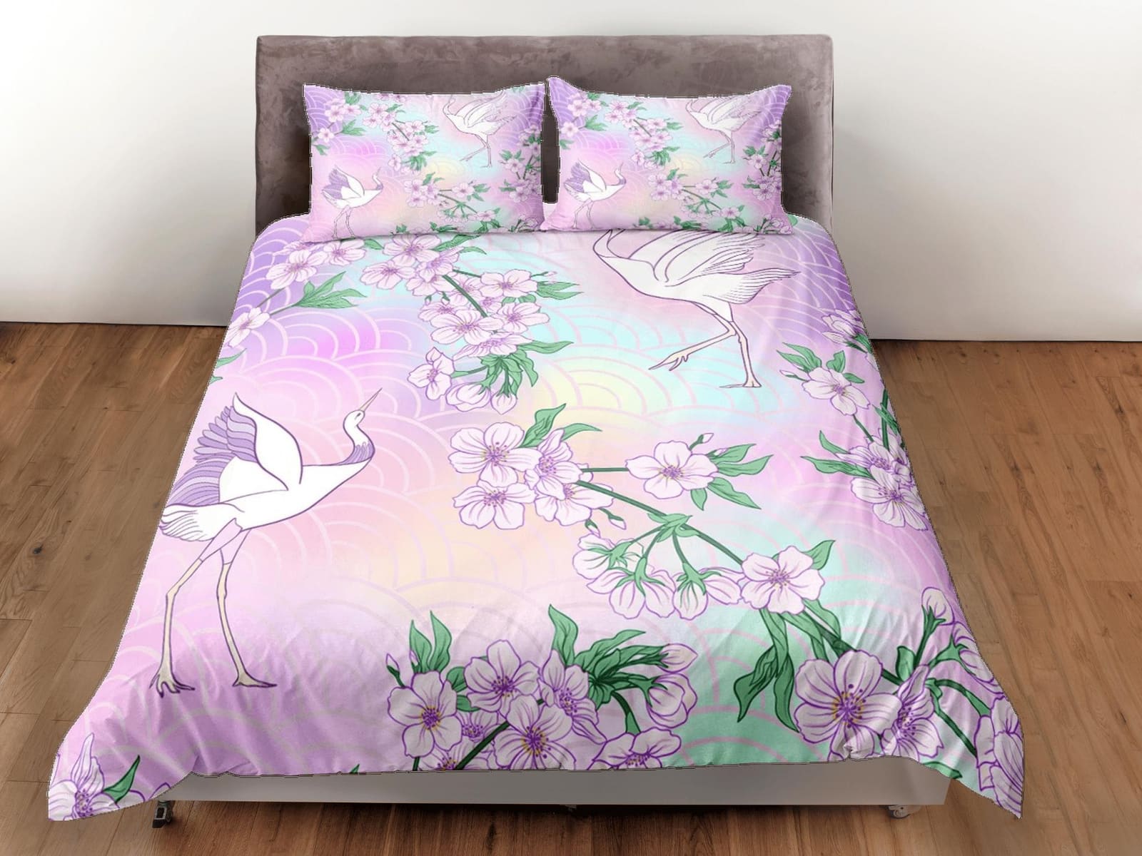 Pastel colors oriental bedding, crane bird and cherry blossoms on japanese duvet cover set for king, queen, full, twin, si…