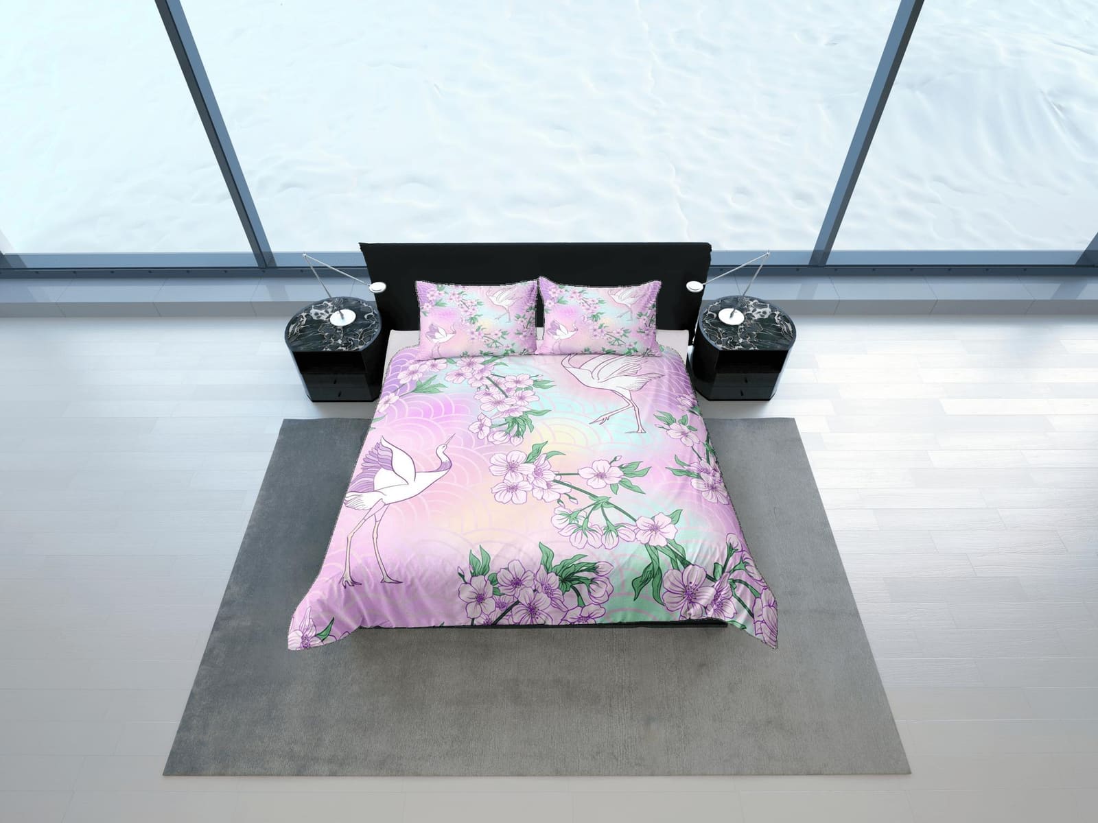 Pastel colors oriental bedding, crane bird and cherry blossoms on japanese duvet cover set for king, queen, full, twin, si…