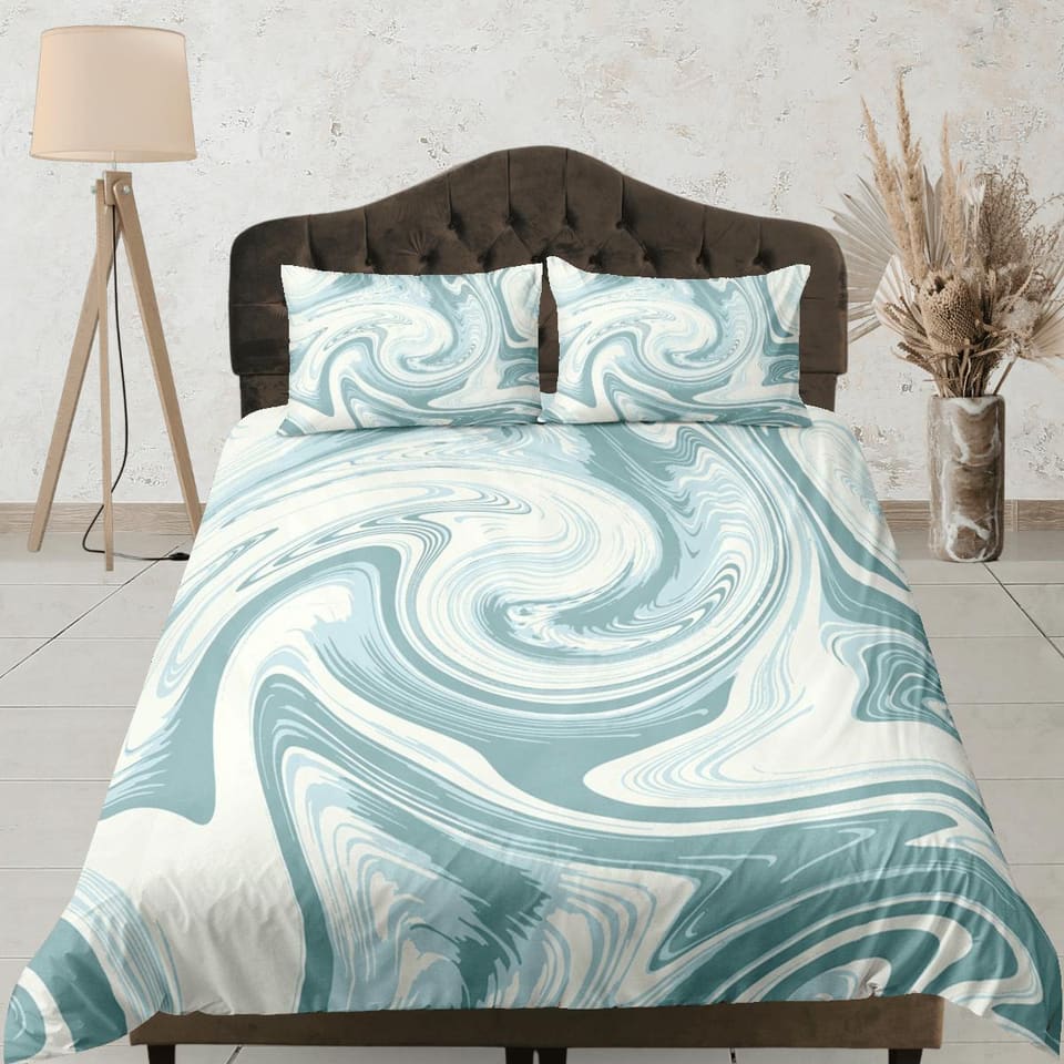 Pastel green contemporary bedroom set aesthetic duvet cover, marble abstract art room decor boho chic bedding set full kin…