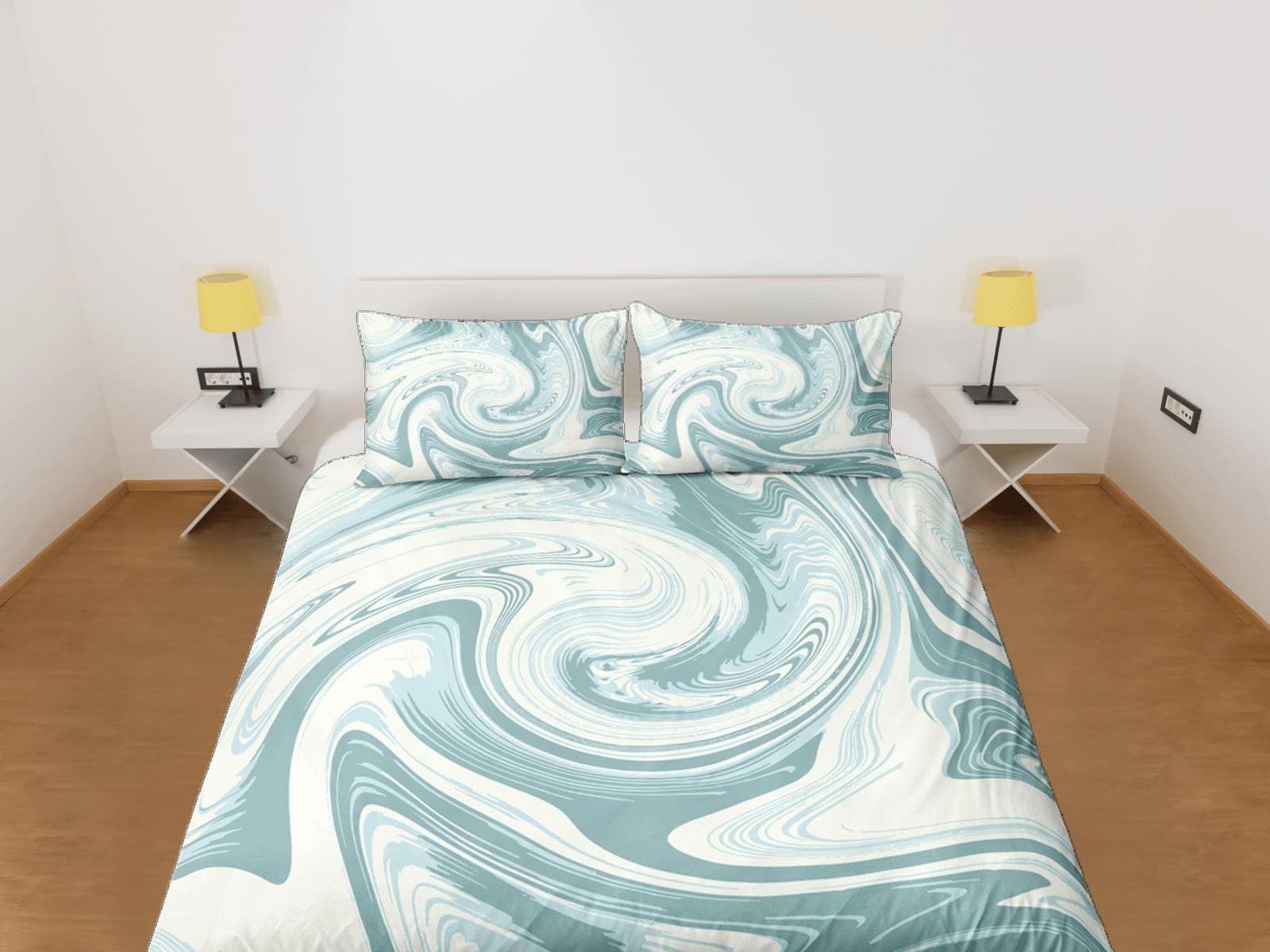 Pastel green contemporary bedroom set aesthetic duvet cover, marble abstract art room decor boho chic bedding set full kin…